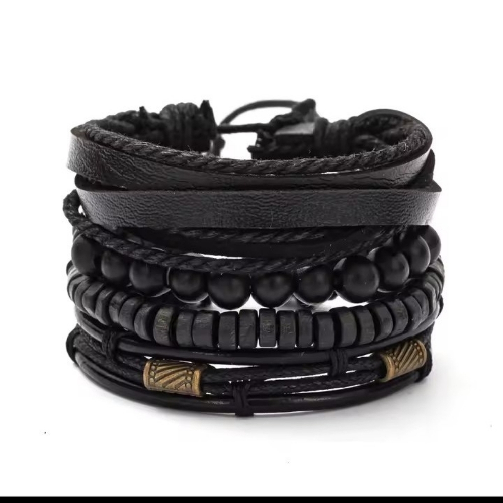 Men's Black Leather Bracelet Set Braided Layered Beaded New f71